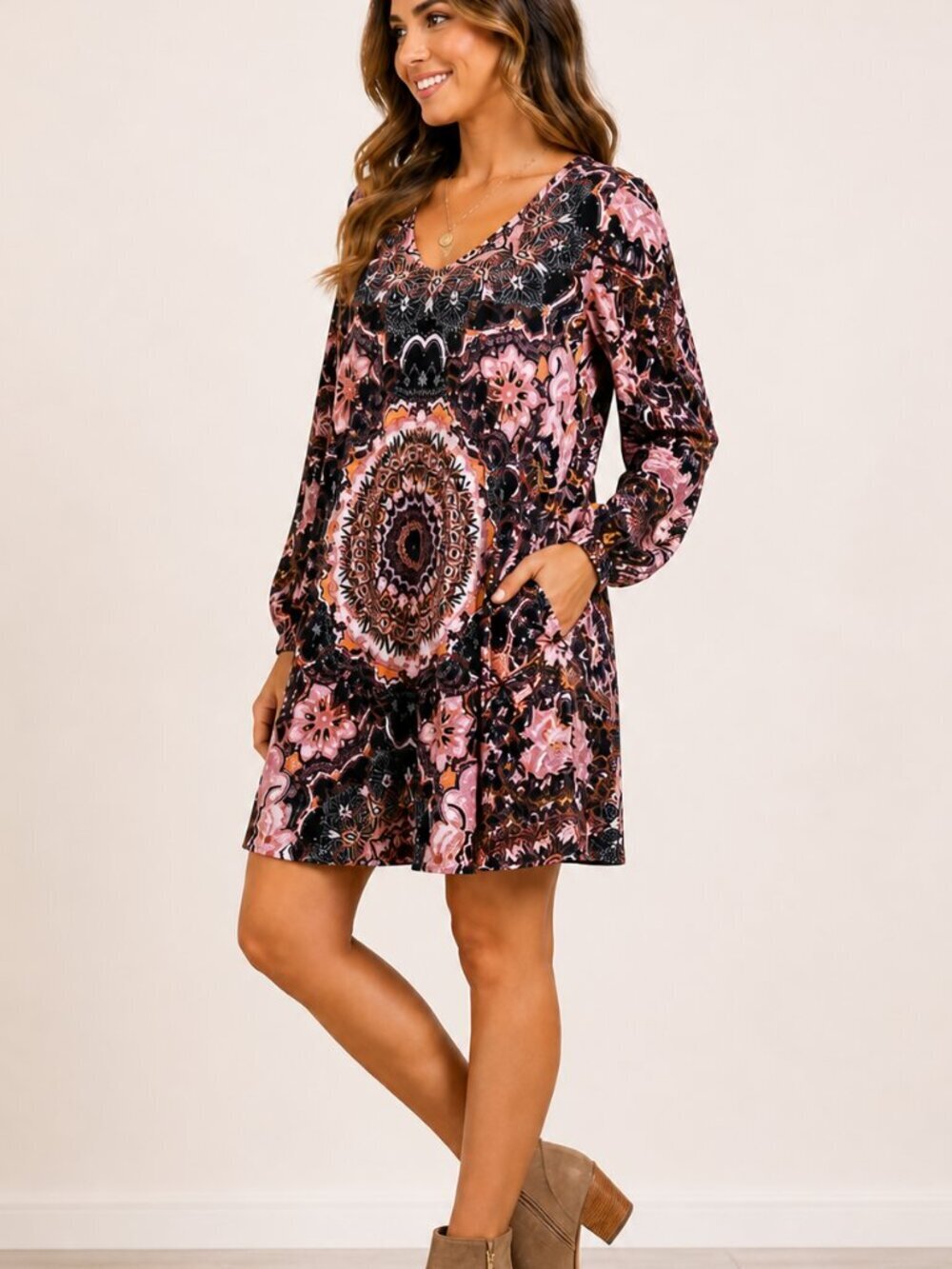 Veronica M Boho Inspired Mandala and Floral Print Dress Size Large